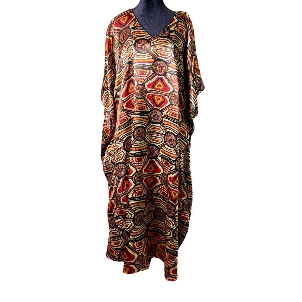 Simply Basic Kaftan Dress One Size OS Geometric Silky Batik Lounger Boho Muumuu